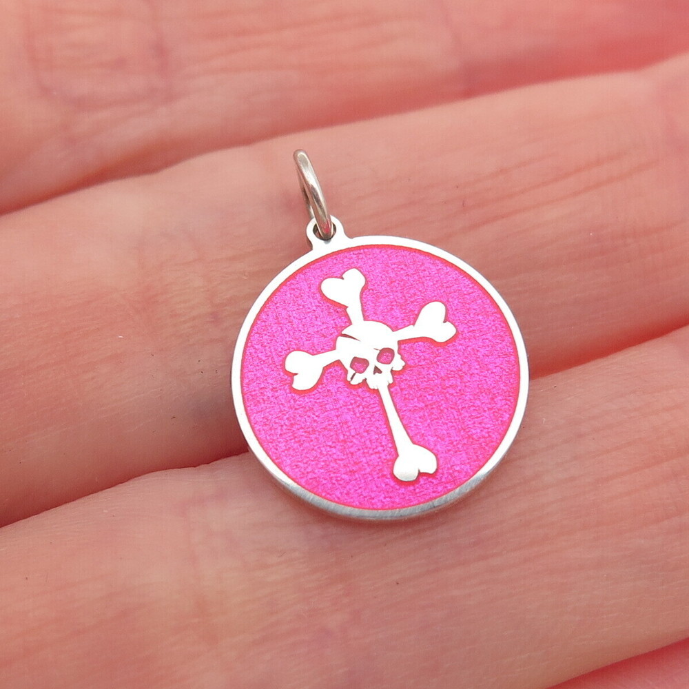 925 Sterling Silver Pink Enamel Skull Cross Bones Mini Charm Pendant